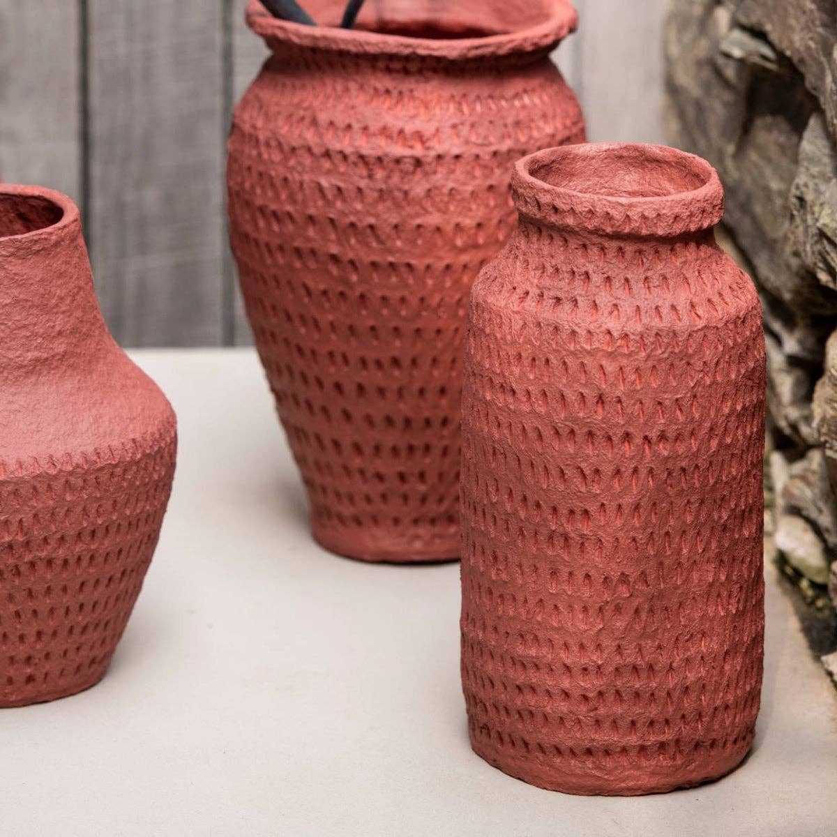 Red cotton mache bottle vase